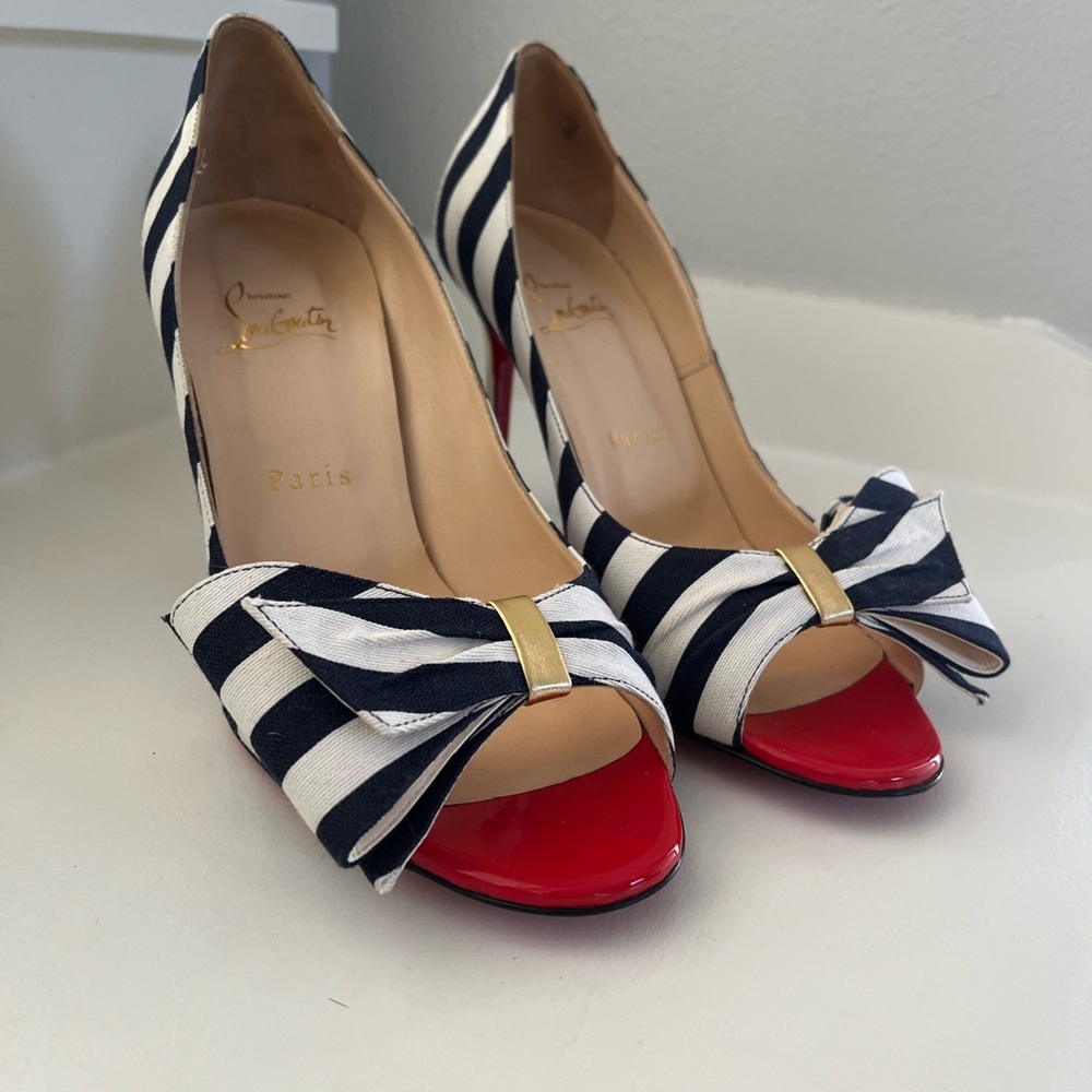 Christian Louboutin Navy Blue/White Stripe Fabric Just Soon Peep Toe Pumps